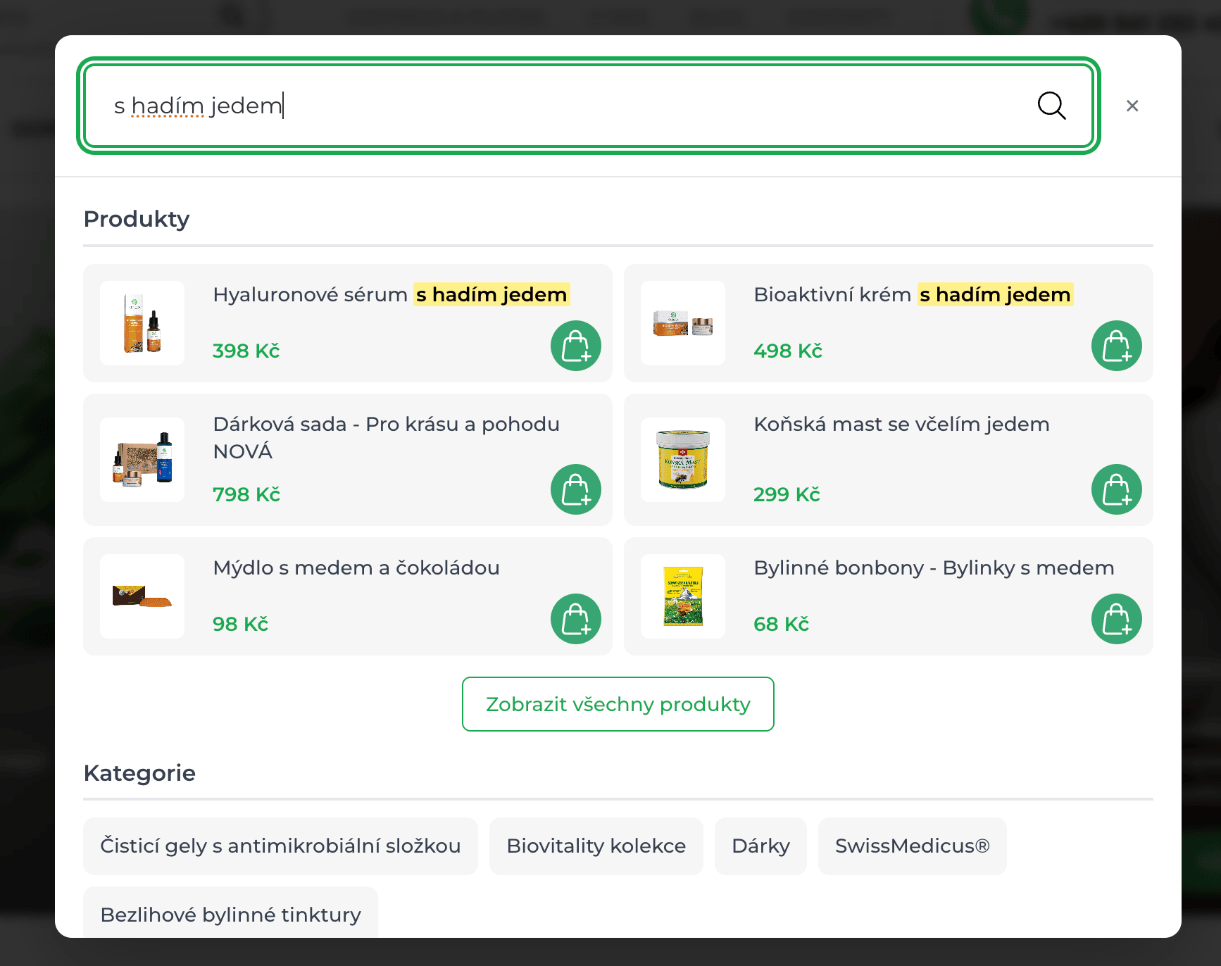 Obrázek z prodejního webu s produkty obsahujícími med, bylinky a kosmetiku s označením "s hadím jedem" v detailu.